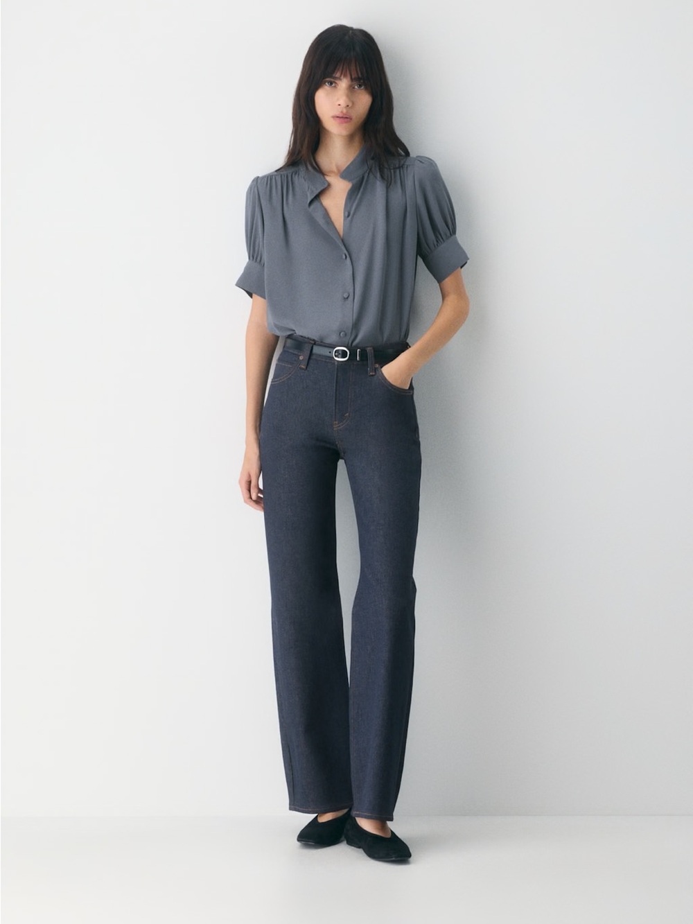 Aritzia Wilfred 2025 Delphine Short Sleeve Blouse in Vintage Navy Sz XS Gray